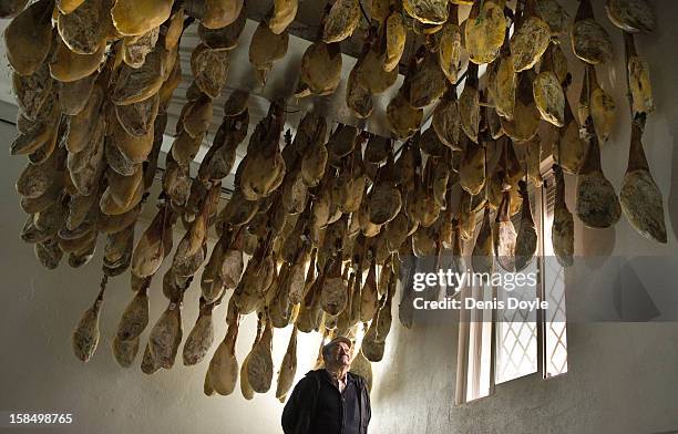 Faustino Prieto, owner of the small family-run Iberian ham business, looks up at legs of dry-cured Jamon Iberico de bellota in the village of...