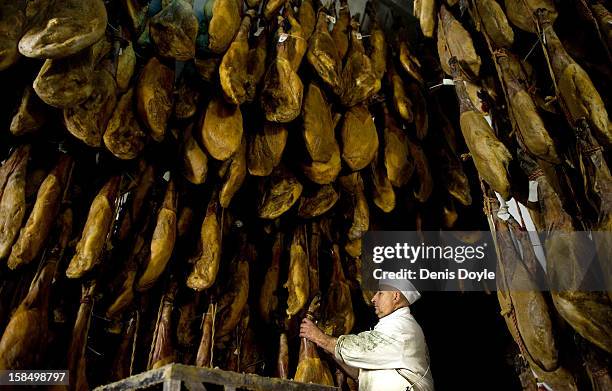 Basilio Hoyos, manager of the Sociedad Chacinera Albercana Cooperative checks a leg of dry-cured Jamon Iberico de bellota in the village of La...