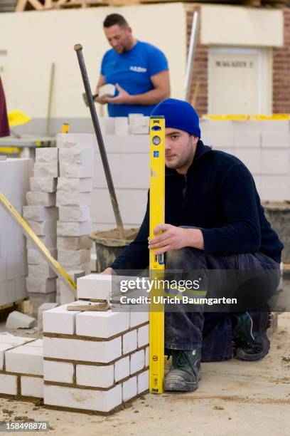 Apprenticeship as bricklayer in the Butzweilerhof education center of chamber of commerce Cologne on December 10, 2012 in Cologne, Germany. The...