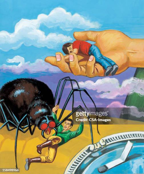 mann angegriffen wird von großen spider - spinnenphobie stock-grafiken, -clipart, -cartoons und -symbole