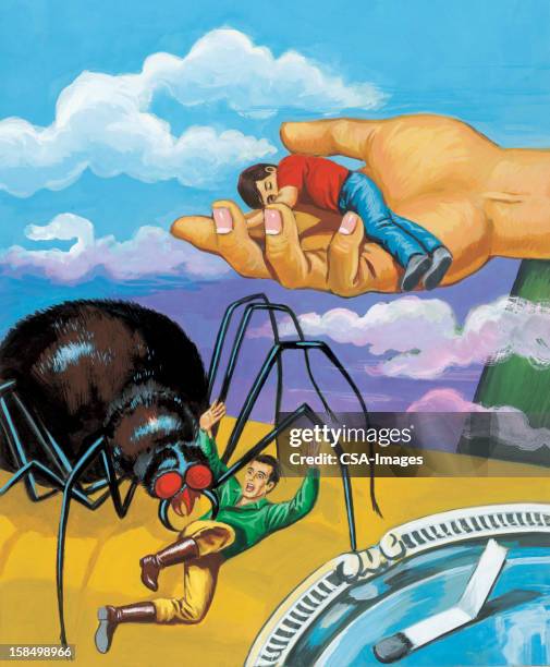 man being attacked by large spider - arachnophobia stock illustrations