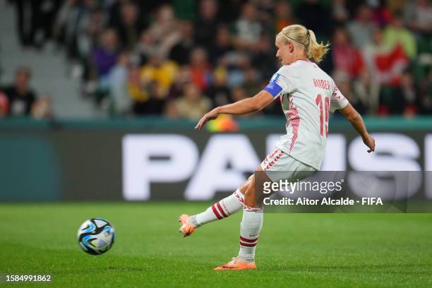 Pernille Harder of Denmark converts the penalty to score her team's first goal during the FIFA Women's World Cup Australia & New Zealand 2023 Group D...