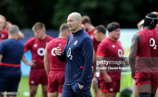 Steve Borthwick, the England head coach, looks on during the England training session held at Pennyhill Park on August 01, 2023 in Bagshot, England.