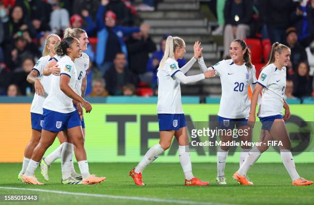 Lauren James of England celebrates with teammates after scoring her team's third goal during the FIFA Women's World Cup Australia & New Zealand 2023...