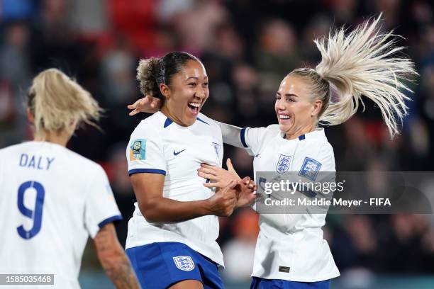 Lauren James celebrates with Alex Greenwood of England after scoring a goal which was later disallowed by VAR for offside during the FIFA Women's...