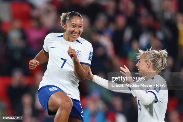 Lauren James celebrates with Alex Greenwood of England after scoring a goal which was later disallowed by VAR for offside during the FIFA Women's...