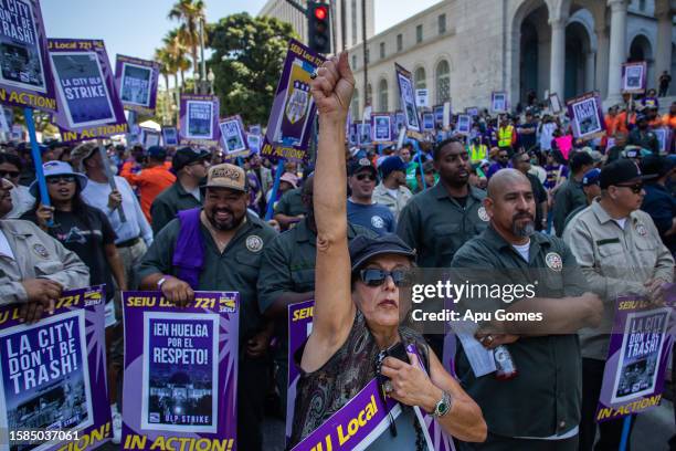 Maryam Rouillard during a LA City workers rally in front of the Los Angeles City Hall Building in Downtown during a 1-day walked off job strike to...