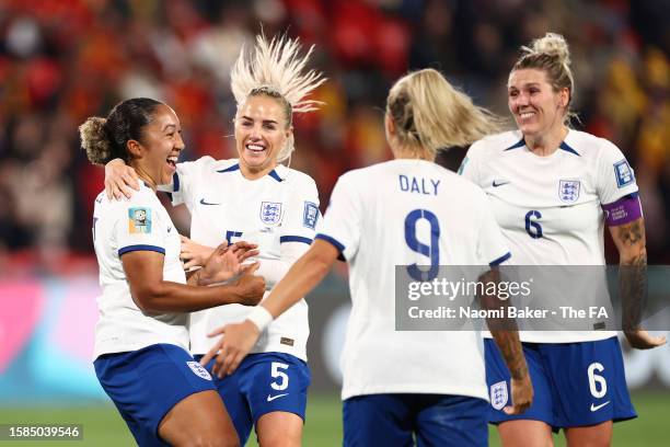 Lauren James of England celebrates with teammates Alex Greenwood, Rachel Daly and Millie Bright after scoring a goal which is later disallowed...