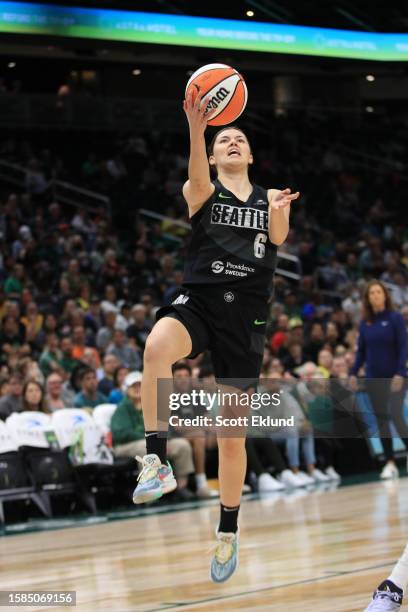 Jade Melbourne of the Seattle Storm drives to the basket during the game against the Connecticut Sun on August 8, 2023 at Climate Pledge Arena in...