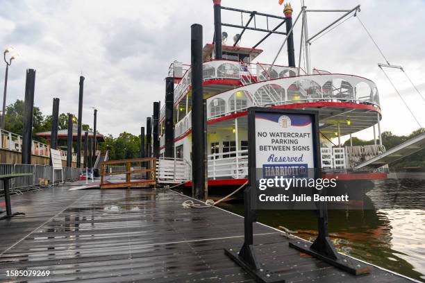 The Harriott, a riverboat, remains docked on August 8 on the Alabama riverfront in downtown Montgomery, Alabama. Three people have now been charged...