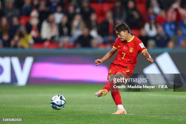 Wang Shuang of China PR scores her team's first goal from the penalty spot during the FIFA Women's World Cup Australia & New Zealand 2023 Group D...