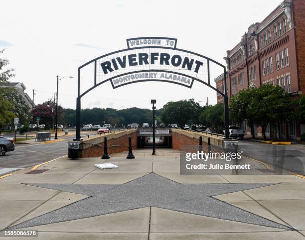 The entrance to the Alabama riverfront in downtown Montgomery, Alabama, where the riverboat The Harriott remains docked on August 8, 2023. Three...