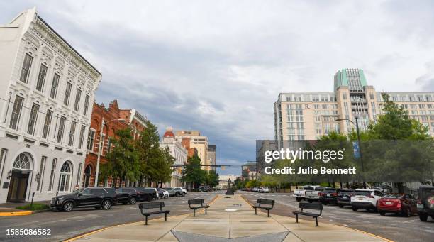 The entrance to the Alabama riverfront in downtown Montgomery, Alabama, where the riverboat The Harriott remains docked on August 8, 2023. Three...