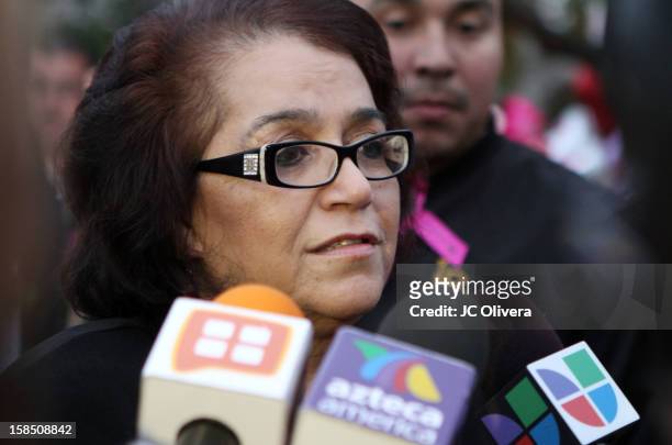 Rosa Saavedra speaks to the press regarding the memorial services in honor of her daughter Jenni Rivera to be held at the Gibson Amphitheater on...
