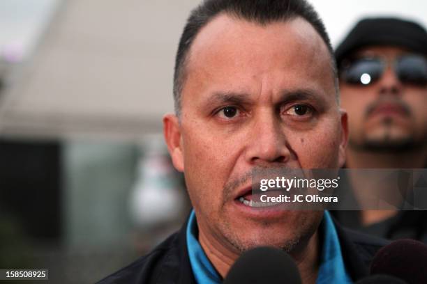 Pastor Pedro Rivera JR speaks to the press regarding the memorial services in honor of his sister Jenni Rivera to be held at the Gibson Amphitheater...