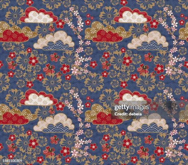 japanische wolken und kirschblütenblüten. traditionelles gold-, rot- und blaufarbenes musterdesign. - japanische kultur stock-grafiken, -clipart, -cartoons und -symbole