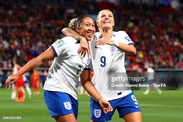 Lauren James of England celebrates with teammate Rachel Daly after scoring her team's fourth goal during the FIFA Women's World Cup Australia & New...