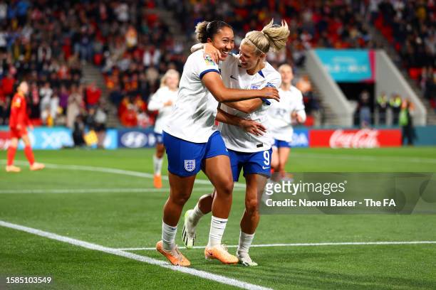 Lauren James of England celebrates with teammate Rachel Daly after scoring her team's fourth goal during the FIFA Women's World Cup Australia & New...