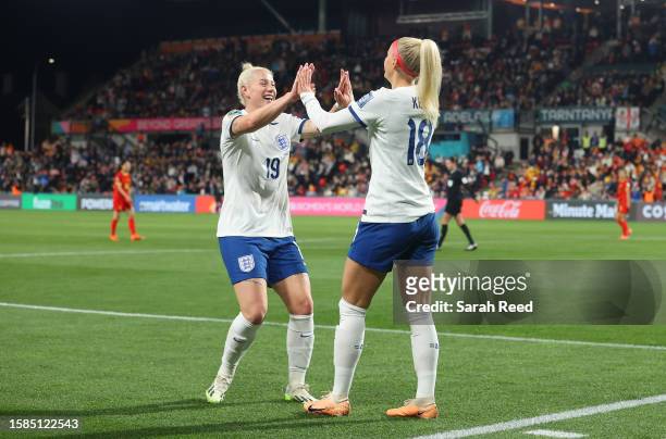 Chloe Kelly celebrates with Beth England of England after scoring her team's fifth goal during the FIFA Women's World Cup Australia & New Zealand...