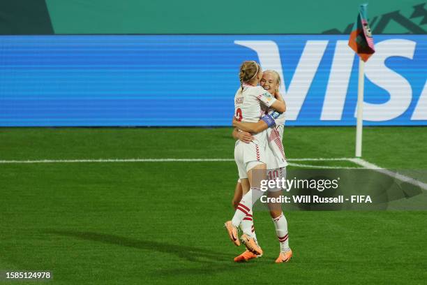 Pernille Harder of Denmark celebrates with teammate Josefine Hasbo after scoring her team's second goal during the FIFA Women's World Cup Australia &...