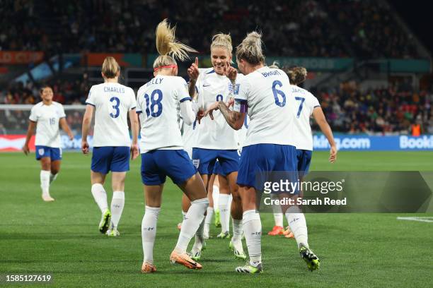Chloe Kelly celebrates with Millie Bright of England after scoring her team's fifth goal during the FIFA Women's World Cup Australia & New Zealand...