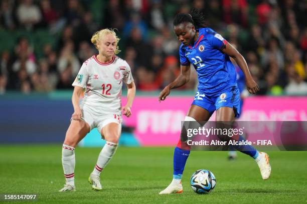 Roselord Borgella of Haiti controls the ball against Kathrine Kuhl of Denmark during the FIFA Women's World Cup Australia & New Zealand 2023 Group D...