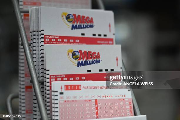 Lottery tickets for the Mega Millions jackpot which is at $1.58 billion are seen in a store on August 8, 2023 in New York.