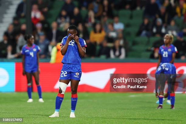 Roselord Borgella of Haiti shows dejection after Denmark's second goal during the FIFA Women's World Cup Australia & New Zealand 2023 Group D match...