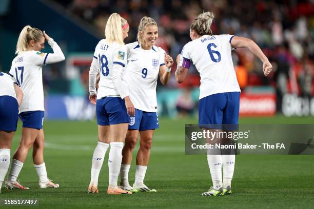 Rachel Daly of England celebrates with teammates Chloe Kelly and Millie Bright after scoring her team's sixth goal during the FIFA Women's World Cup...