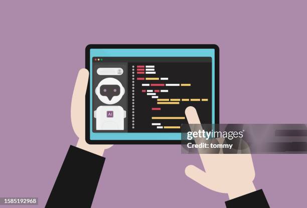 人工知能は、プログラミングにスマートテクノロジーを採用して、コンピューターコードを書くのに役立ちます - ソフトウェア開発点のイラスト素材／クリップアート素材／マンガ素材／アイコン素材