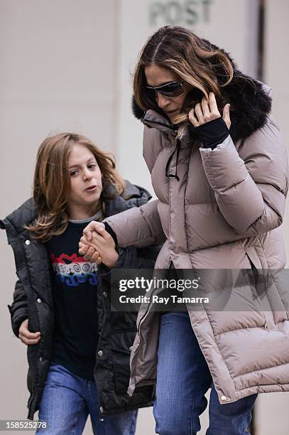 Actress Sarah Jessica Parker and James Wilkie Broderick walk to school on December 17, 2012 in New York City.