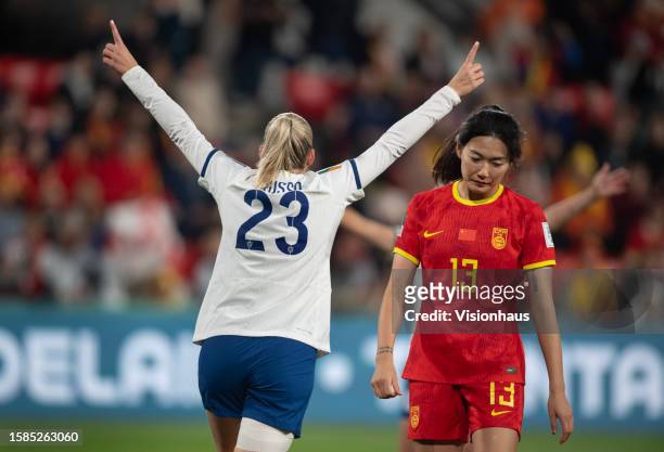 Alessia Russo of England celebrates scoring her goal past Lina Yang of China Pr looking dejected during the FIFA Women's World Cup Australia & New...
