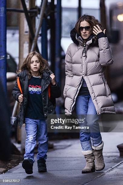 Actress Sarah Jessica Parker and James Wilkie Broderick walk to school on December 17, 2012 in New York City.