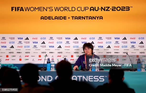 Shui Qingxia, Head Coach of China PR, speaks to the media in the post match press conference after the FIFA Women's World Cup Australia & New Zealand...