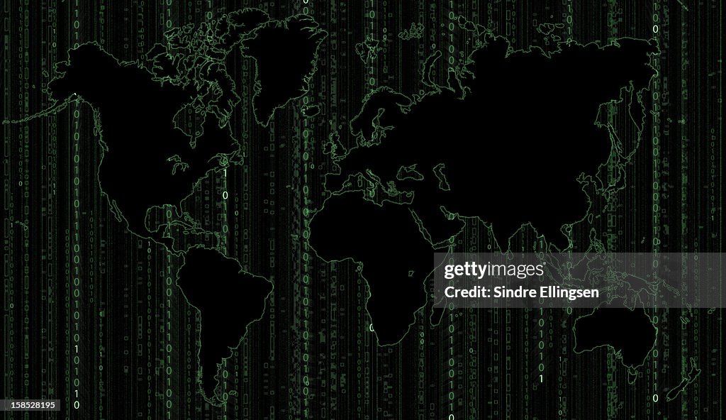 World Map With Binary Code Background High-Res Vector Graphic - Getty ...