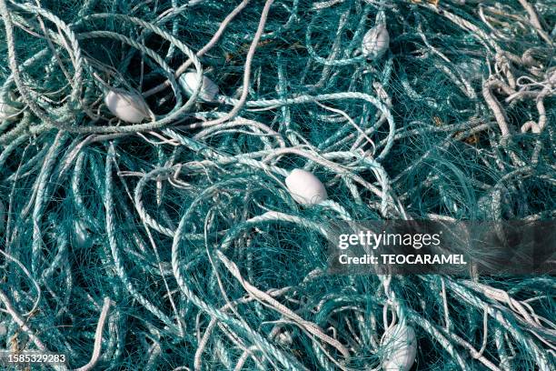 professional fishing nets, bleu, in locquémeau - commercieel visnet stockfoto's en -beelden