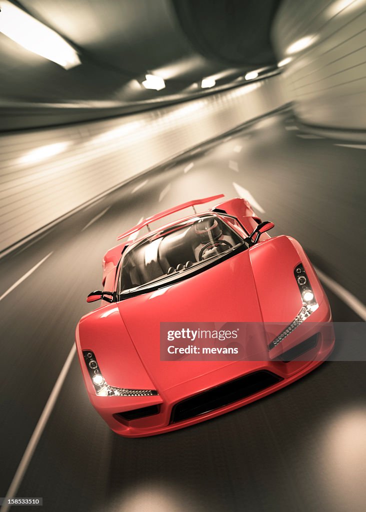 Time-lapse photo of red Lamborghini speeding at tunnel