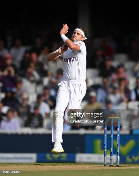 England bowler Stuart Broad in action during his final spell of bowling during day five of the LV= Insurance Ashes 5th Test Match between England and...