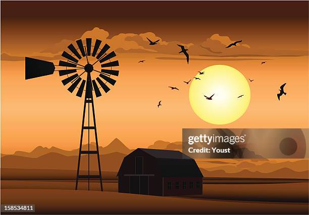 ilustraciones, imágenes clip art, dibujos animados e iconos de stock de farm por la noche - molino de viento