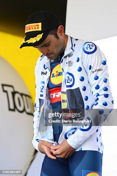 Jacopo Mosca of Italy and Team Lidl - Trek celebrates at podium as Polka dot Mountain Jersey winner during the 80th Tour de Pologne 2023, Stage 4 a...