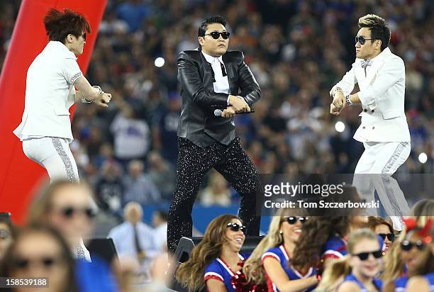Korean rapper PSY performs Gangnam Style during halftime of the Buffalo Bills NFL game against the Seattle Seahawks at Rogers Centre on December 16,...