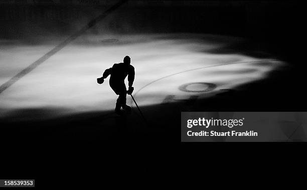 Player of Hamburg runs onto the ice during the DEL ice hockey game between Hamburg Freezers and ERC Ingolstadt at O2 World on December 18, 2012 in...