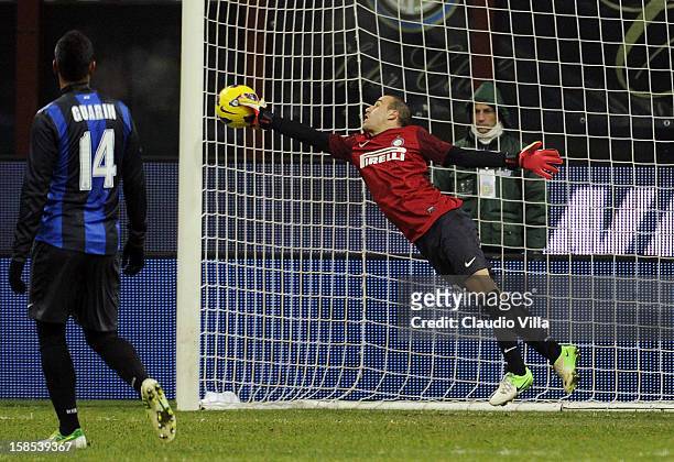Rodrigo Palacio of FC Inter Milan saves during the TIM Cup match between FC Internazionale Milano and Hellas Verona at San Siro Stadium on December...