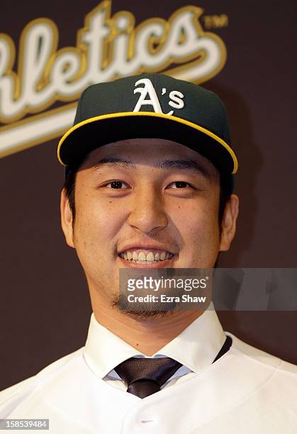 Hiroyuki Nakajima of Japan is introduced by the Oakland Athletics at the O.co Coliseum on December 18, 2012 in Oakland, California. Nakajima signed a...