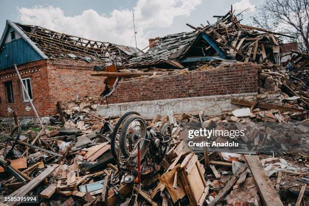 View of a destroyed house in New York, Donbass, Ukraine on August 08, 2023. New York had nearly had ten thousand residents before the war, and...