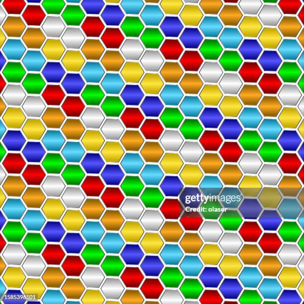 matrix rainbow colored pattern equal sized hexagons, each with gradient - multiple reflections stock illustrations