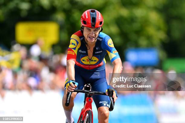 Kenny Elissonde of France and Team Lidl - Trek crosses the finish line after the 35th Tour de l'Ain 2023, Stage 2 a 124km stage from Saint-Vulbas to...