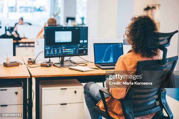 freelancer man working at co-working.  man doing video editing on computer. - video editing foto e immagini stock