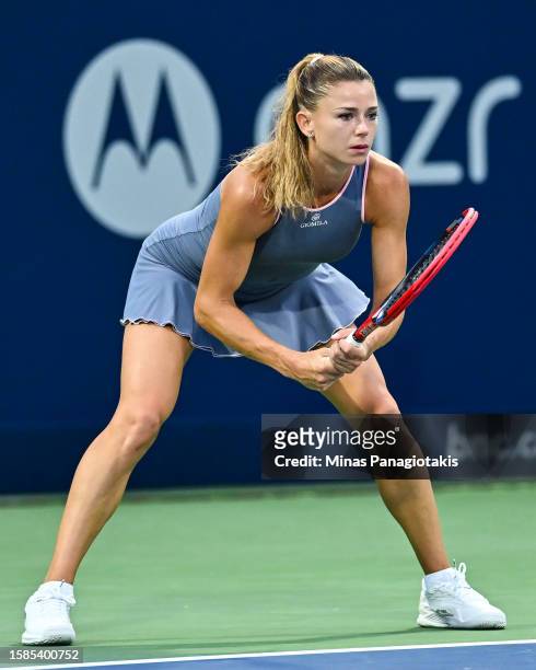 Camila Giorgi of Italy waits to receive a serve from Bianca Andreescu of Canada on Day 2 during the National Bank Open at Stade IGA on August 8, 2023...