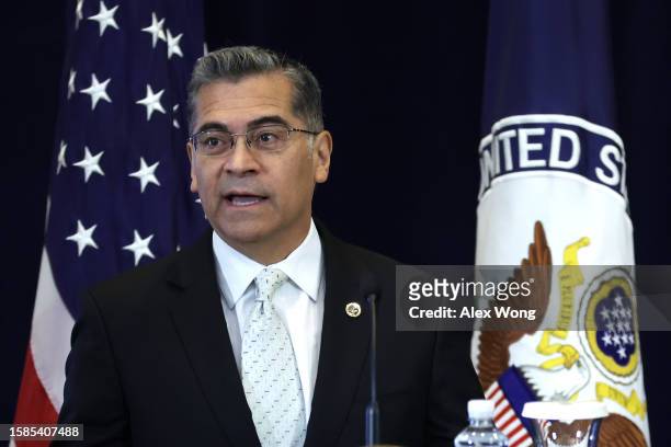 Secretary of Health and Human Services Xavier Becerra peaks during an event to launch the Bureau of Global Health Security and Diplomacy on August 1,...